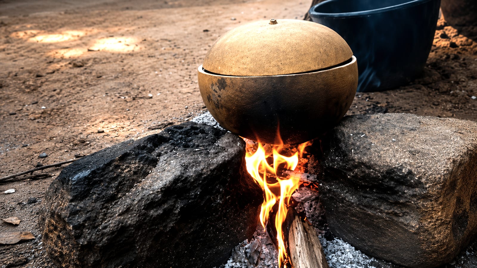 Calebasse posée sur un feu de bois lors d'un rituel de purification